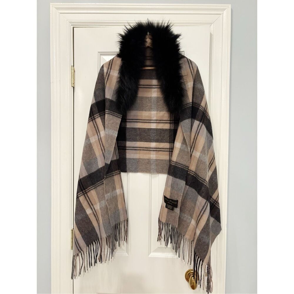 Linda Richards Luxury Wrap Cashmere Blend Fur Collar Plaid